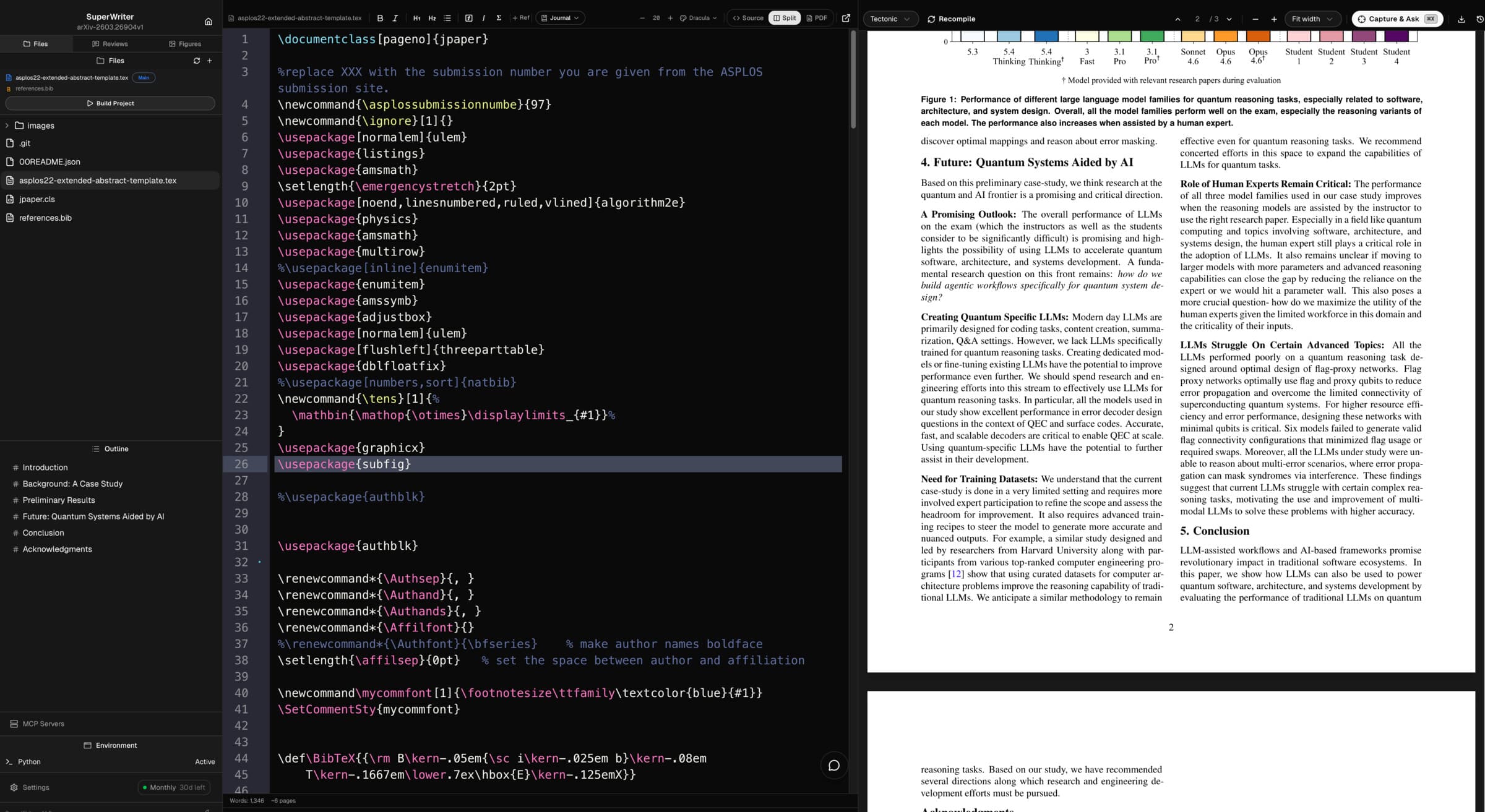 SuperWriter editor — LaTeX code, file tree, live PDF preview