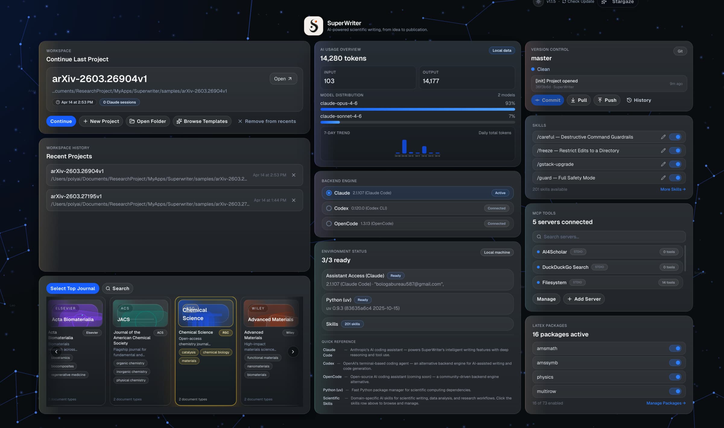 SuperWriter dashboard — manage projects, AI models, journal templates, MCP servers